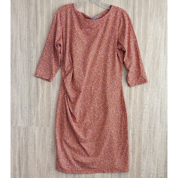 J MCLAUGHLIN Catalina Cloth Sheath Dress Large Multicolor Print Ruched Side Red - Picture 1 of 12